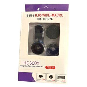 HD360X 3-In-1 Smartphone Lens Kit W/180° Fisheye 0.65X Wide-Angle 10X Macro Lens
